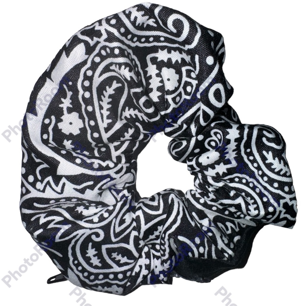 Bandana print black zipper hair scrunchie hand made USA portrait cotton blend